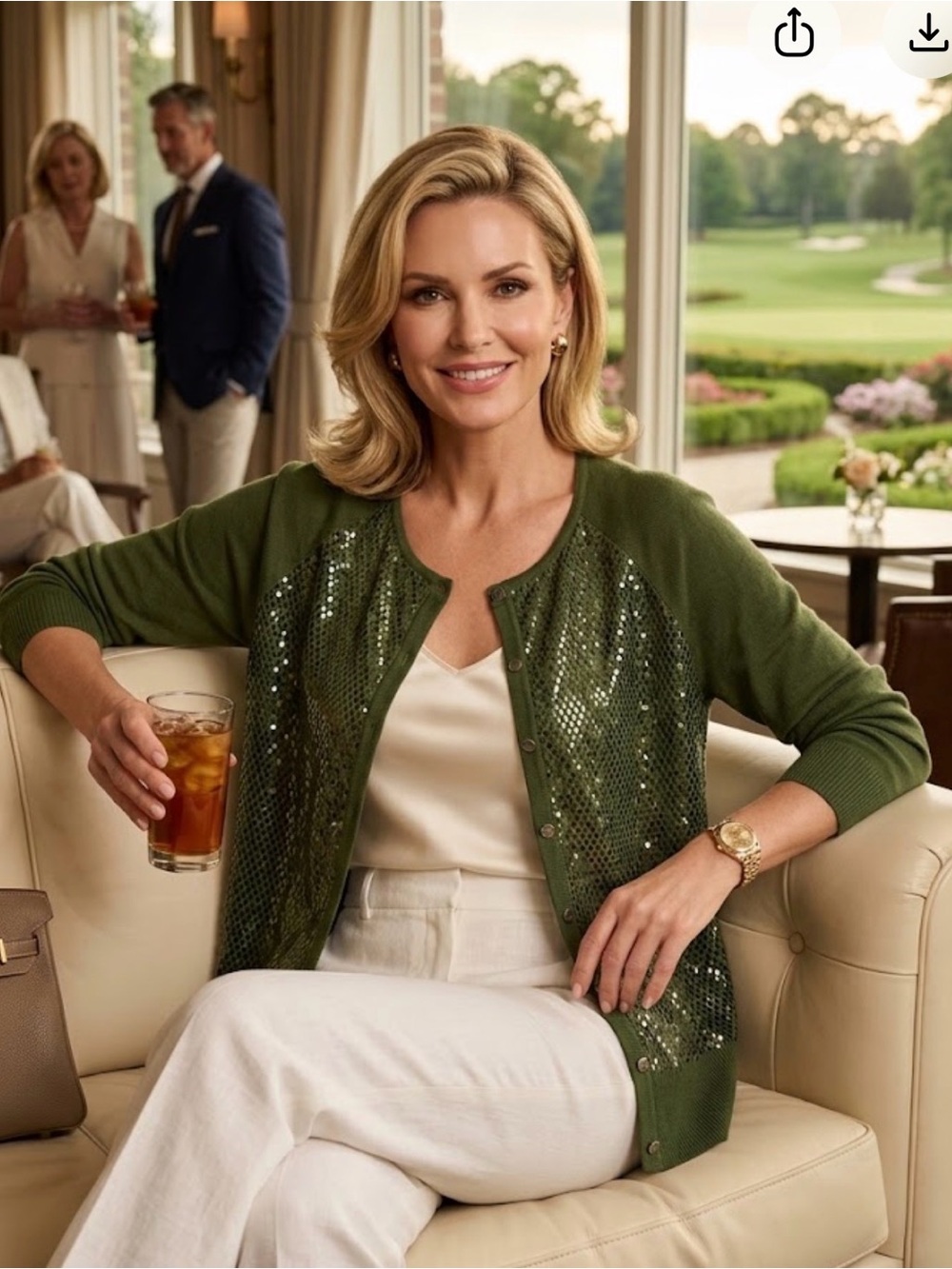 St. John Olive Green Sequin Front Wool Knit Cardigan Quiet Luxury Sz XL